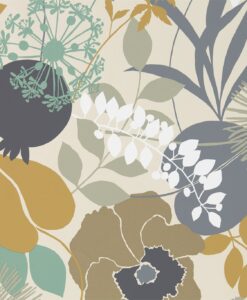 Doyenne Wallpaper from the Standing Ovation Collection by Harlequin in Ochre, Stone & Mint