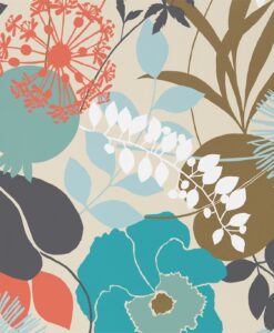Doyenne Wallpaper from the Standing Ovation Collection by Harlequin in Sky, Olive & Coral