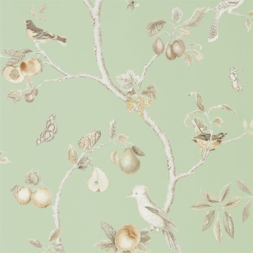 Fruit Aviary wallpaper from the Art of the Garden Collection by Sanderson Home in Sage & Neutral