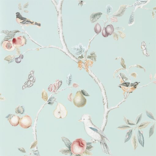 Fruit Aviary wallpaper from the Art of the Garden Collection by Sanderson Home in Duck Egg & Multi