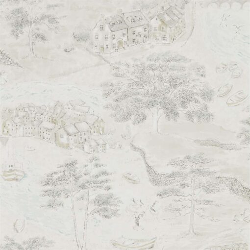 Sea Houses Wallpaper from the Embleton Bay Collection by Sanderson Home in Chalk & Silver
