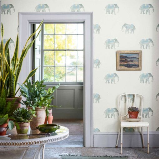 India Wallpaper featuring elephants from The Art of the Garden Collection by Sanderson Home