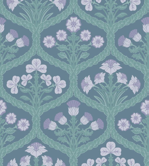 116/3011 Floral Kingdom - Lilac & Teal on Denim