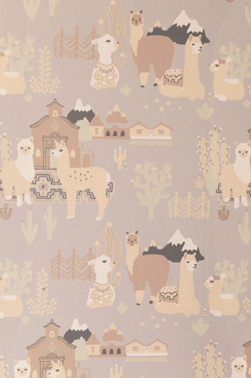 Lama Village Wallpaper by Majvillan in Soft Grey