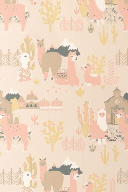 Lama Village Wallpaper by Majvillan in Light Sunny Pink