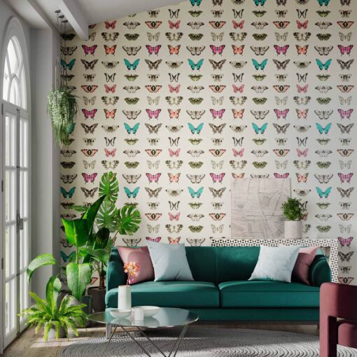 Papilio Wallpaper by Harlequin in Famingo, Papaya and olive