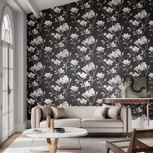 Lotus Wallpaper in Onyx and Silver