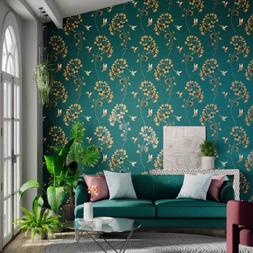 Amazilia Wallpaper by Harlequin Wallpaper in Teal and Gold