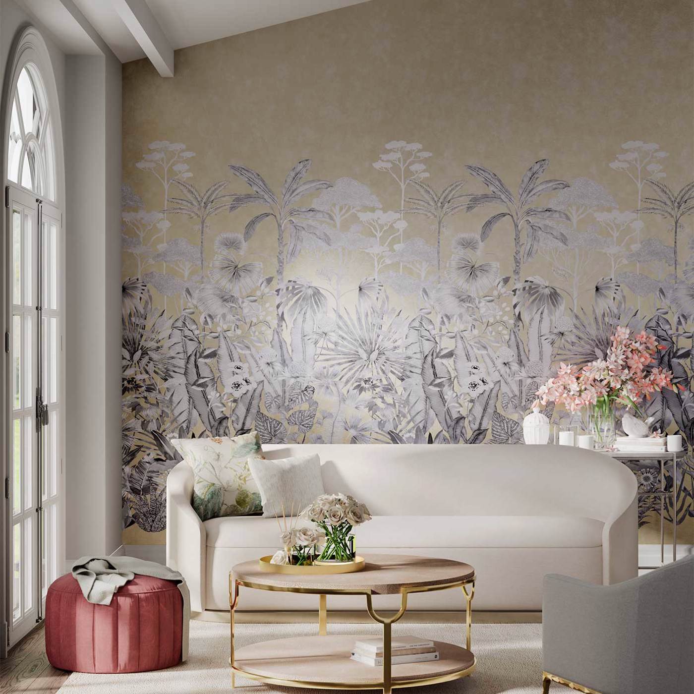 Floreana Wallpaper Mural in Gilt, Black Earth and Tranquility | Silk ...