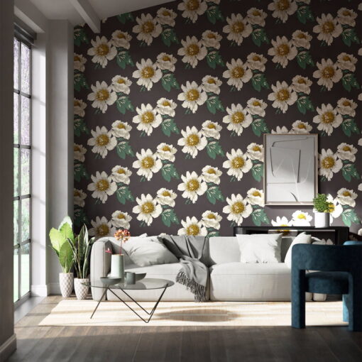 Paeonia Wallpaper in Black Earth/ fig leaf/ gold