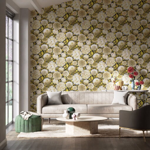 Dahlia Wallpaper by Harlequin Wallpaper in Fig Blossom, Nectar and Black Earth