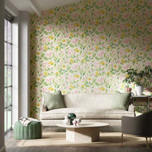 Marie Wallpaper by Dianne Hill in Fig Leaf, Honey and Blossom