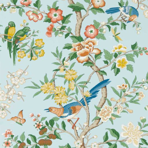 Chinoiserie Hall Wallpaper by Sanderson in Dawn Blue and Persimmon and Natural