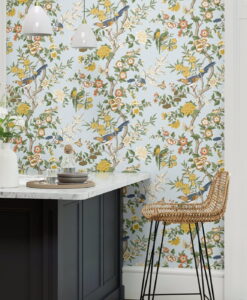 Chinoiserie Hall Wallpaper by Sanderson in Dawn Blue and Persimmon and Natural