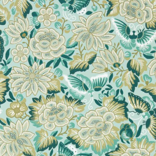 Amara Butterfly Wallpaper by Sanderson in Bamboo and Fountain Green