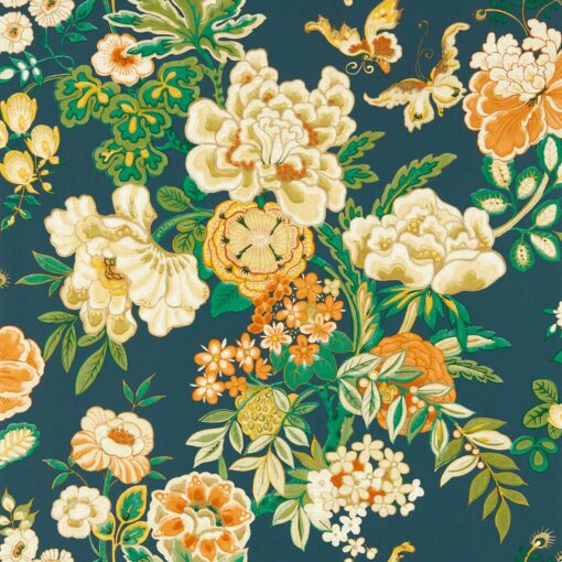 Emperor Peony Wallpaper by Sanderson in Midnight and Apricot