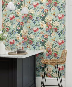 Emperor Peony Wallpaper by Sanderson in Jade and Apricot