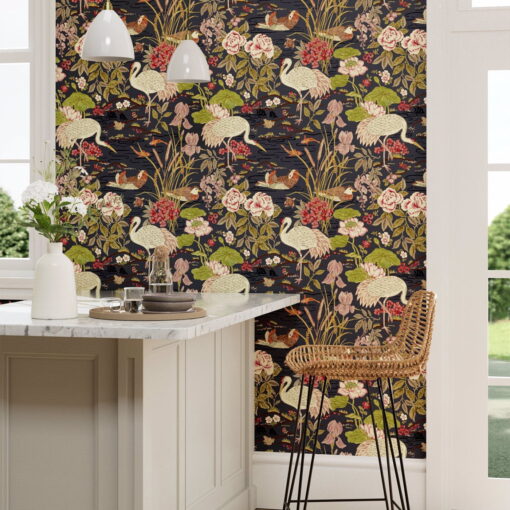 Crane & Frog Wallpaper in Ink Black and Multi by Sanderson