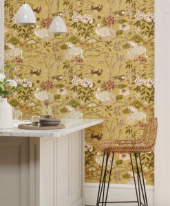 Crane and Frog Wallpaper in honey and olive