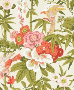 Bamboo and Birds Wallpaper in Mandarin Red and Olive by Sanderson Wallapper