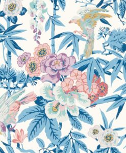 Bamboo and Birds Wallpaper in China Blue and Lotus Pink by Sanderson Wallapper