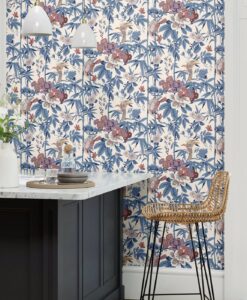 Bamboo and Birds Wallpaper in China Blue and Lotus Pink by Sanderson Wallapper