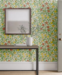 Fruit wallpaper in leaf green and madder