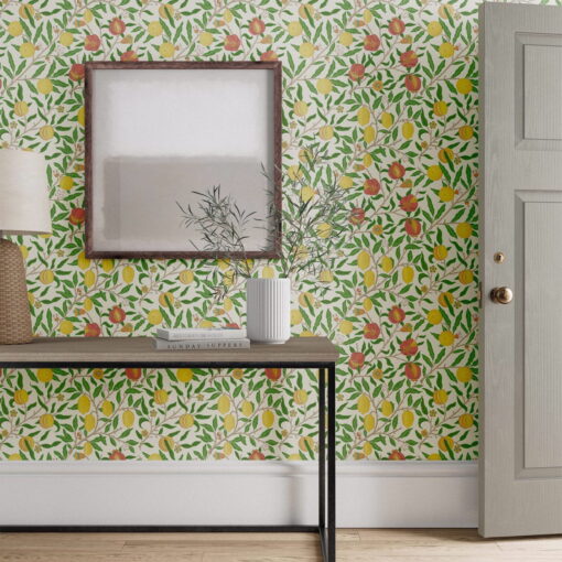 Fruit wallpaper in leaf green and madder