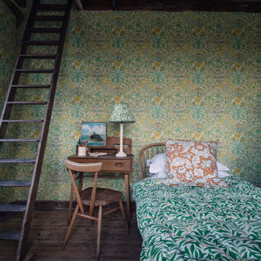 Woodland Weeds in Orange and Turquoise by Morris & Co Wallpaper - bedroom