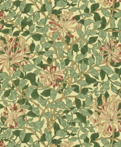 Honeysuckle and Tulip Wallpaper by Morris and Co in Green and Coral Pink