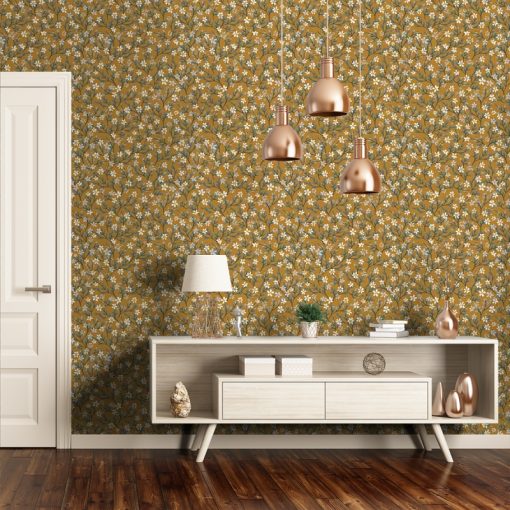Exquisite Blossoms Wallpaper in Mustard Yellow by LILIPINSO
