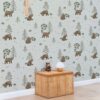 Against a soft green background, bears live peacefully between oak trees in this delightful Mountain Bears Wallpaper design by LILIPINSO.