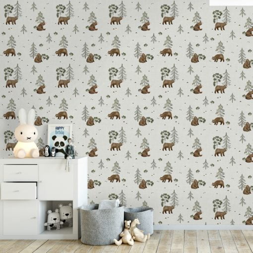Against a soft green background, bears live peacefully between oak trees in this delightful Mountain Bears Wallpaper design by LILIPINSO.