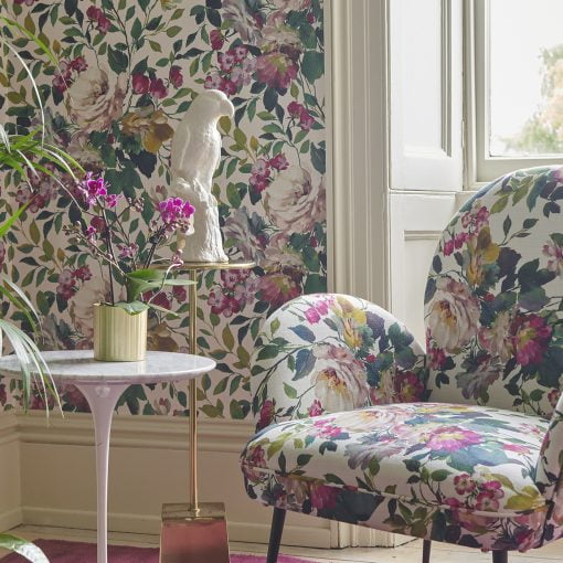 Bloom Wallpaper in Fuchsia by Clarke and Clarke - living room
