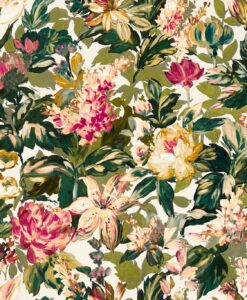 Lilum Wallpaper in Olive and Raspberry by Clarke & Clarke