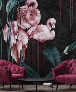 Flamingo Patterned Leafy Wallpaper Mural
