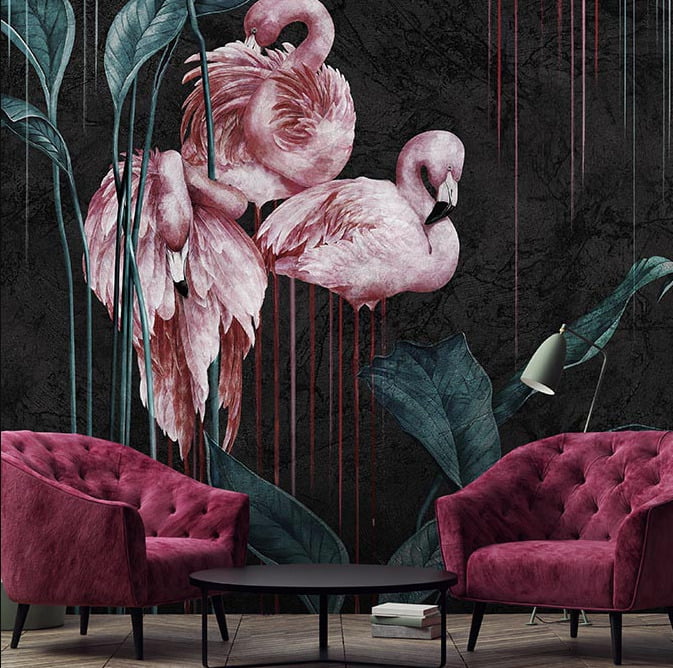 Flamingo Patterned Leafy Wallpaper Mural