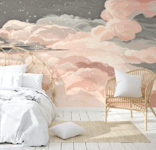 Pink Clouds and Stars Wallpaper Mural