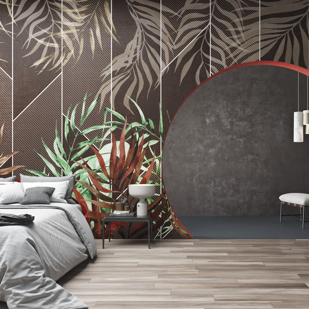 IN0325 Tropical Leaves Geometric Wallpaper Mural