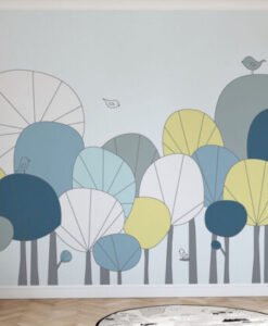 Trees and Birds Blue Tones Wallpaper Mural