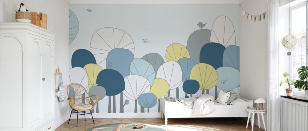 Trees and Birds Blue Tones Wallpaper Mural | Silk Interiors Wallpaper ...