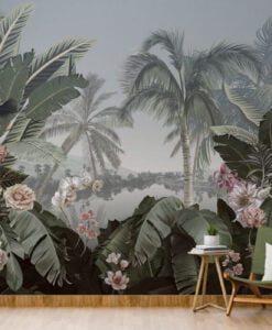 Tropical Leaves and Flowers Wallpaper Mural
