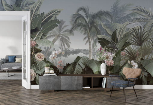 Tropical Leaves and Flowers Wallpaper Mural