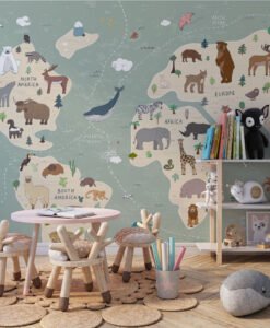 Kids World Map Animals Wallpaper Mural