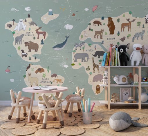 Kids World Map Animals Wallpaper Mural