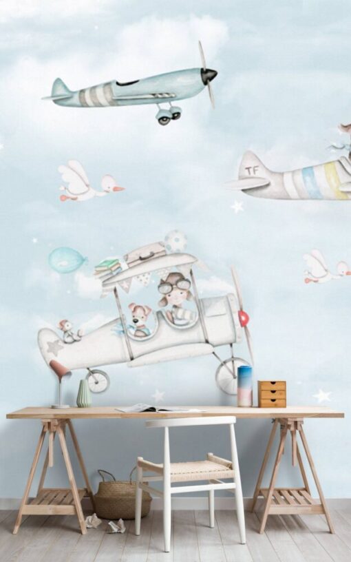 Cartoon Animal Pilots Airplanes Wallpaper Mural