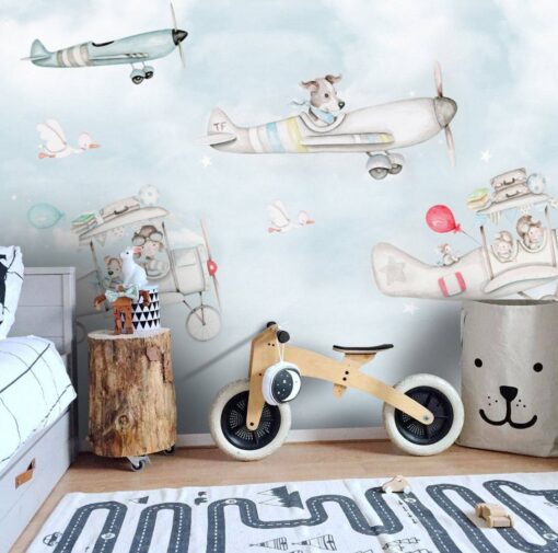 Cartoon Animal Pilots Airplanes Wallpaper Mural
