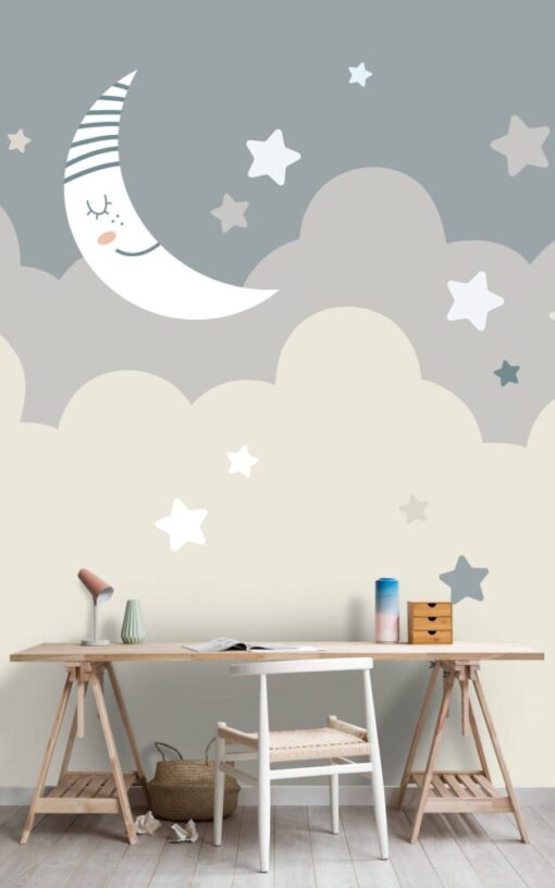 Cloudy Sky Stars and Moon Wallpaper Mural