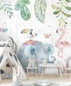 Cartoon Tropic Animals Leaves Wallpaper Mural