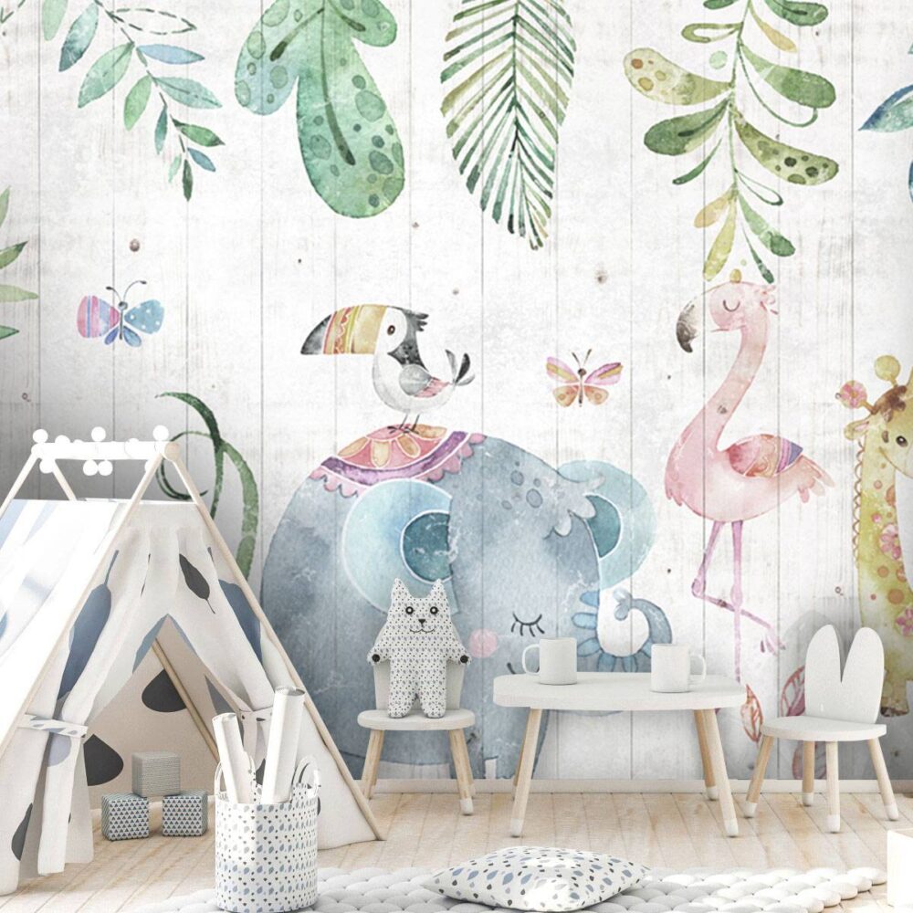 Cartoon Tropic Animals Leaves Wallpaper Mural